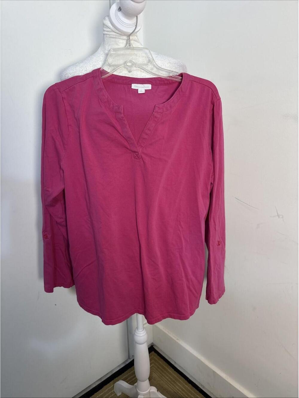 Charter Club Womens Pink Split Crew Neck Roll Tab Sleeve Blouse‎ Top Size XL